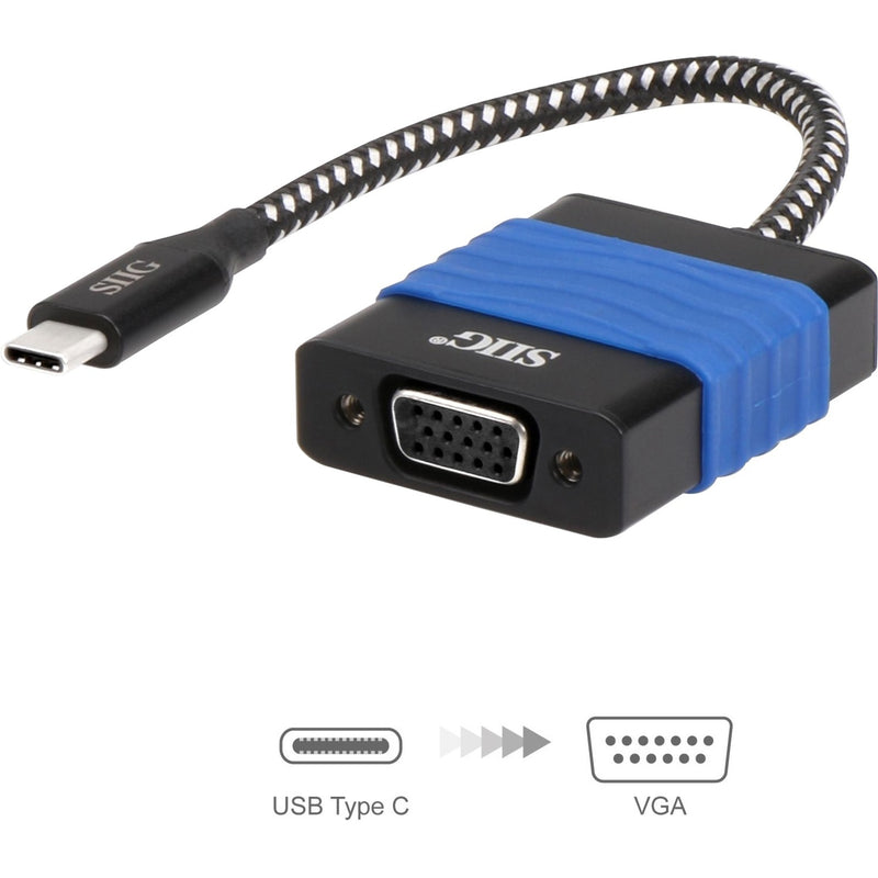 SIIG USB Type-C to VGA adapter showing both connector ends and port conversion diagram