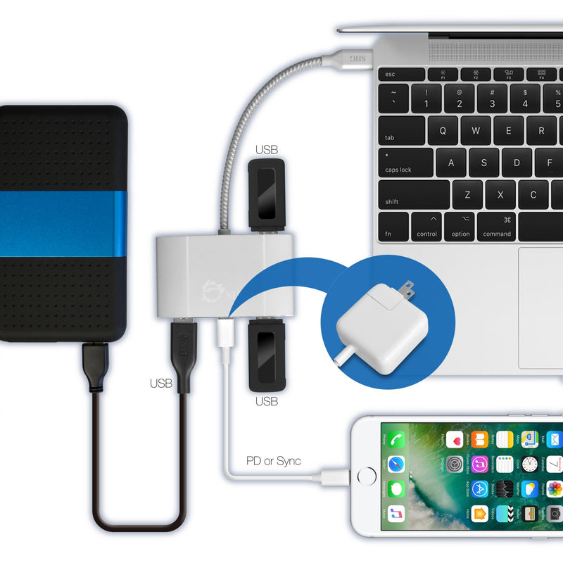 SIIG USB hub shown in practical setup with multiple devices connected