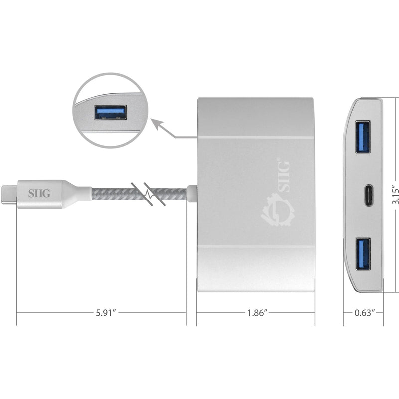 Technical diagram showing SIIG USB hub dimensions and specifications