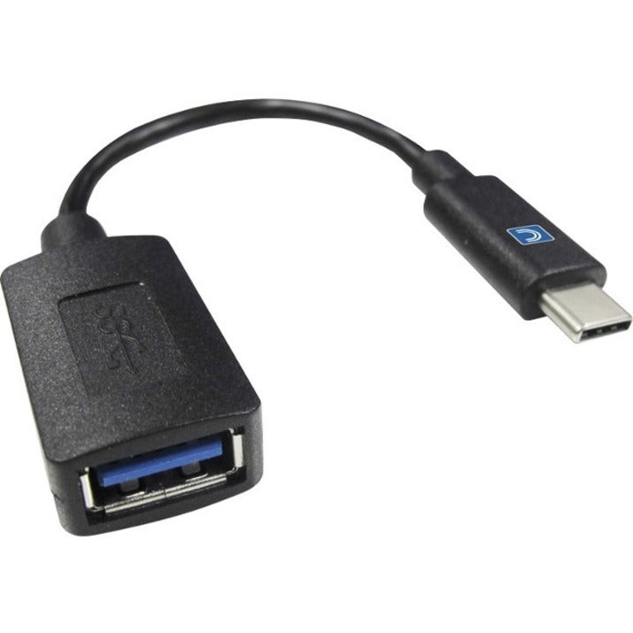 Black USB Type-C male to USB 3.0 Type-A female adapter cable with blue USB 3.0 indicator and EMI shielding