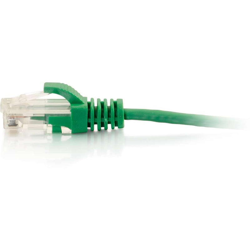 Close-up detail of green Cat6 ethernet cable connector showing snagless boot and RJ-45 termination