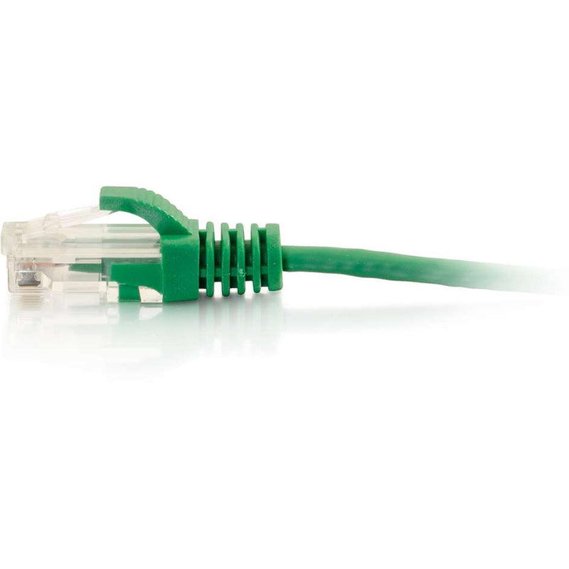 Detailed side view of green ethernet cable connector showing snagless boot and strain relief design