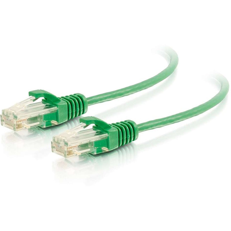 Close-up view of green Cat6 ethernet cable connectors showing snagless boot design and transparent RJ-45 terminals