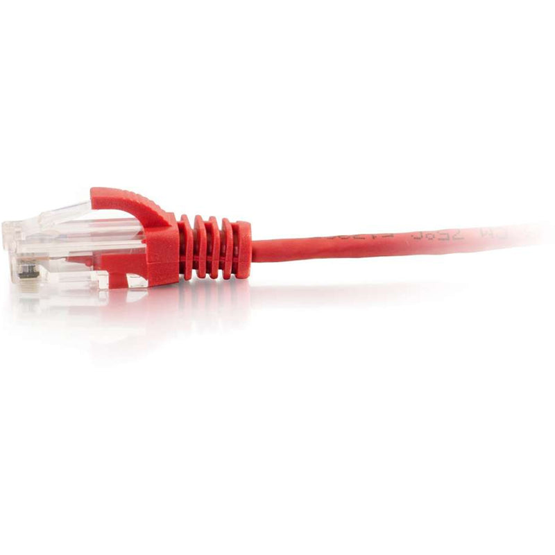 Close-up view of red Cat6 ethernet cable connector showing snagless boot design and strain relief