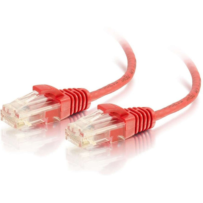 Red Cat6 ethernet cable with transparent RJ-45 connectors and snagless boots showing both terminations