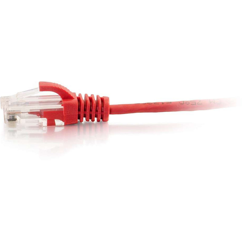 Side profile of red Cat6 ethernet cable highlighting slim design and snagless boot