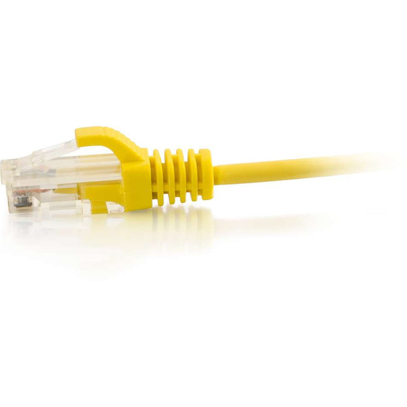 Close-up detail of yellow ethernet cable snagless boot and RJ-45 connector showing strain relief design