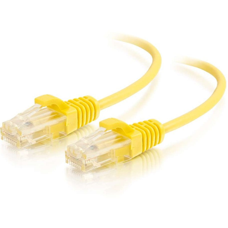 Yellow Cat6 slim ethernet cable with transparent RJ-45 connectors showing both ends with snagless boots