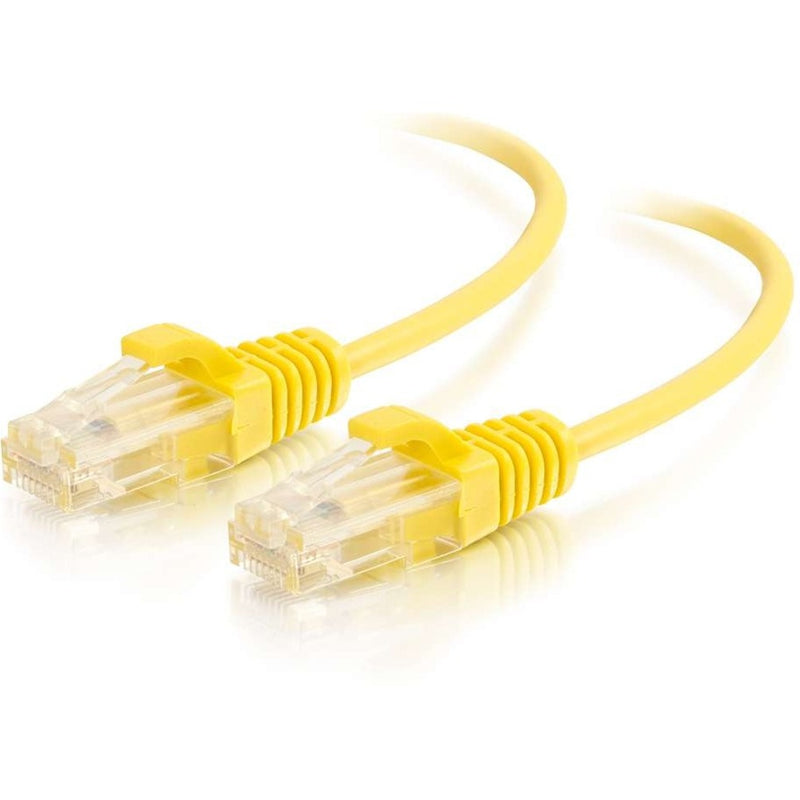 Yellow Cat6 slim ethernet cable with transparent RJ-45 connectors and snagless boots