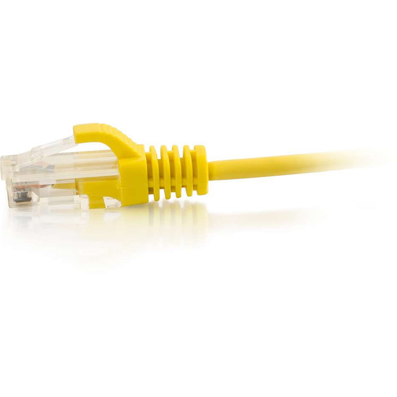 Close-up view of yellow ethernet cable's snagless boot and transparent RJ-45 connector showing strain relief design