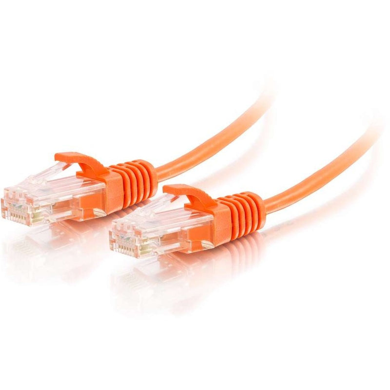 Close-up view of orange Cat6 ethernet cable connectors with snagless boots and slim profile design