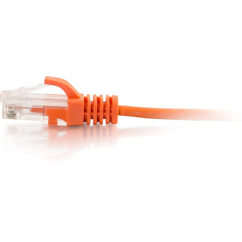 Detailed side view of orange ethernet cable connector showing snagless boot and strain relief design