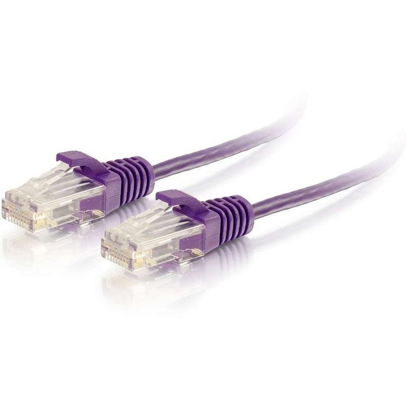 Purple Cat6 ethernet cable with transparent RJ-45 connectors and snagless boots shown horizontally