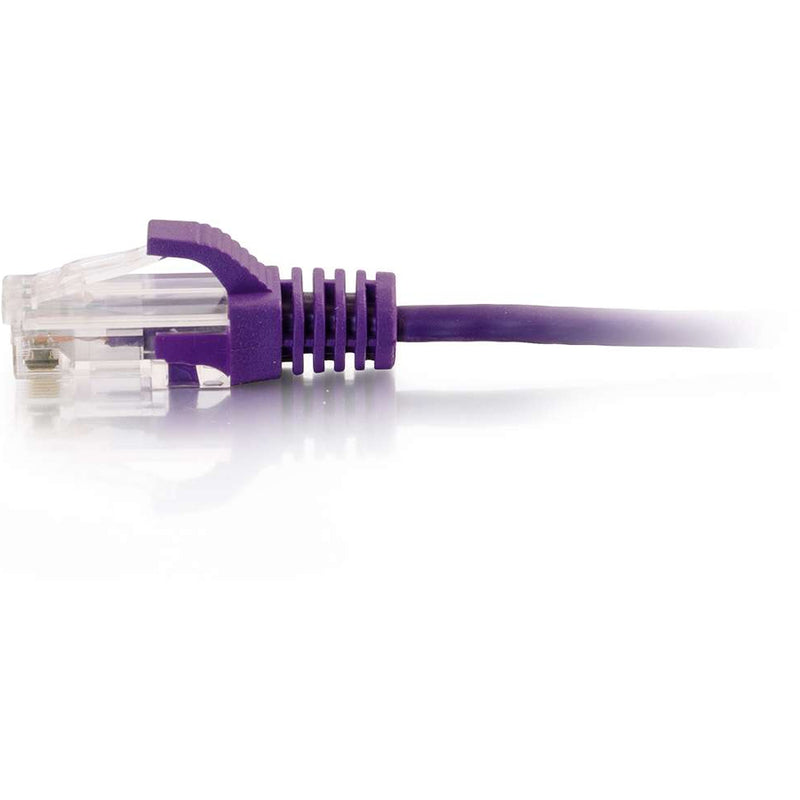 Close-up view of purple ethernet cable connector showing snagless boot design and strain relief