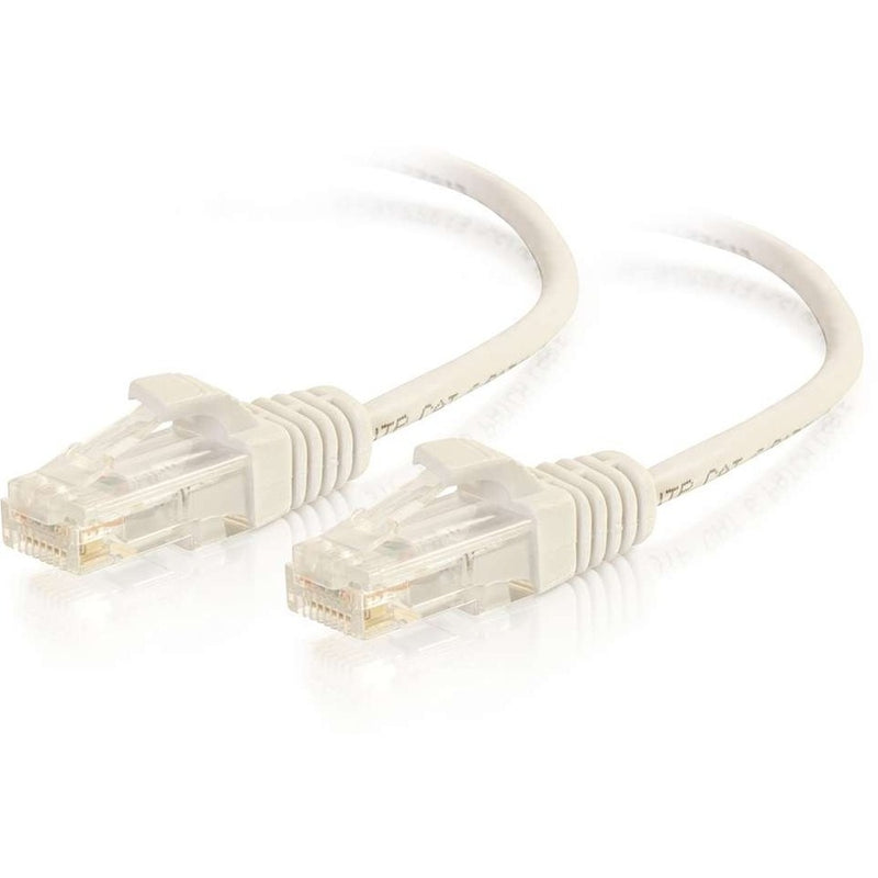 Close-up view of white Cat6 slim ethernet cable connectors showing snagless boot design