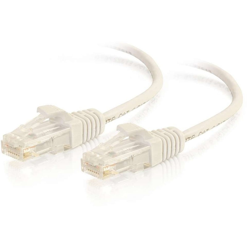 Close-up view of white Cat6 ethernet cable connectors showing snagless boot design and slim profile