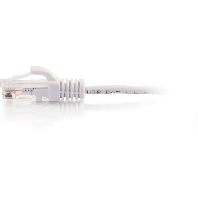 Side profile of slim white Cat6 ethernet cable highlighting compact design and strain relief boot