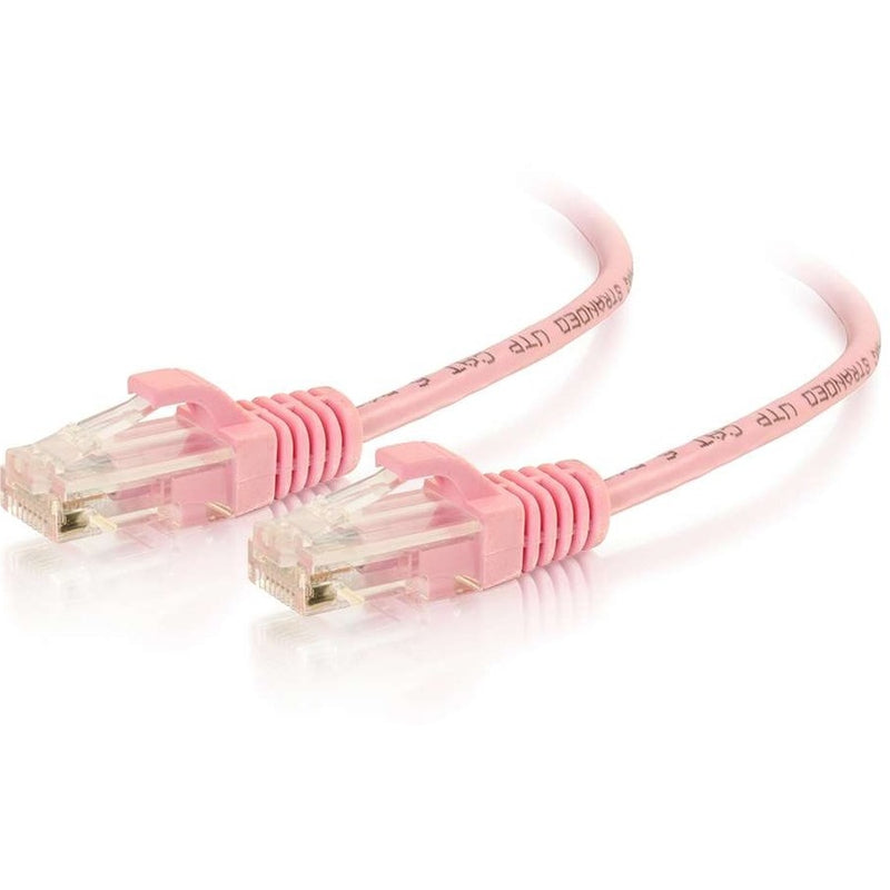 Pink Cat6 ethernet cable with snagless connectors showing both RJ-45 ends