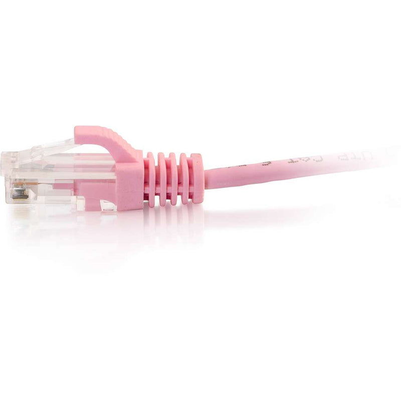 Close-up view of pink Cat6 ethernet cable connector showing snagless boot design