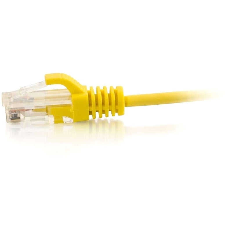 Close-up view of yellow ethernet cable strain relief boot and transparent RJ-45 connector