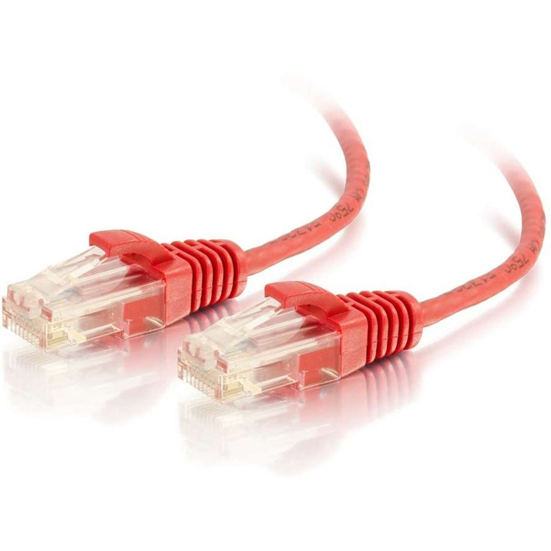 Close-up view of red Cat6 ethernet cable connectors showing snagless boot design and transparent RJ-45 terminals