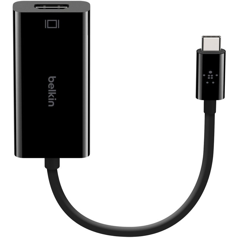 Belkin USB-C to HDMI adapter showing curved cable design with black housing and USB-C connector