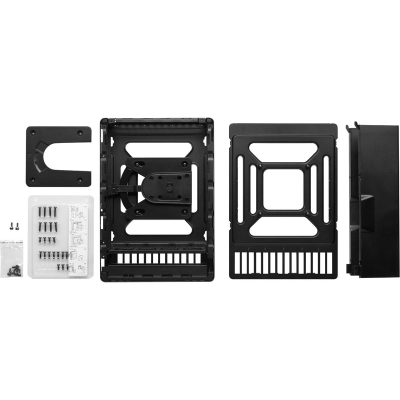 Exploded view of HP thin client mounting bracket components including mounting plates, security cover, and installation hardware