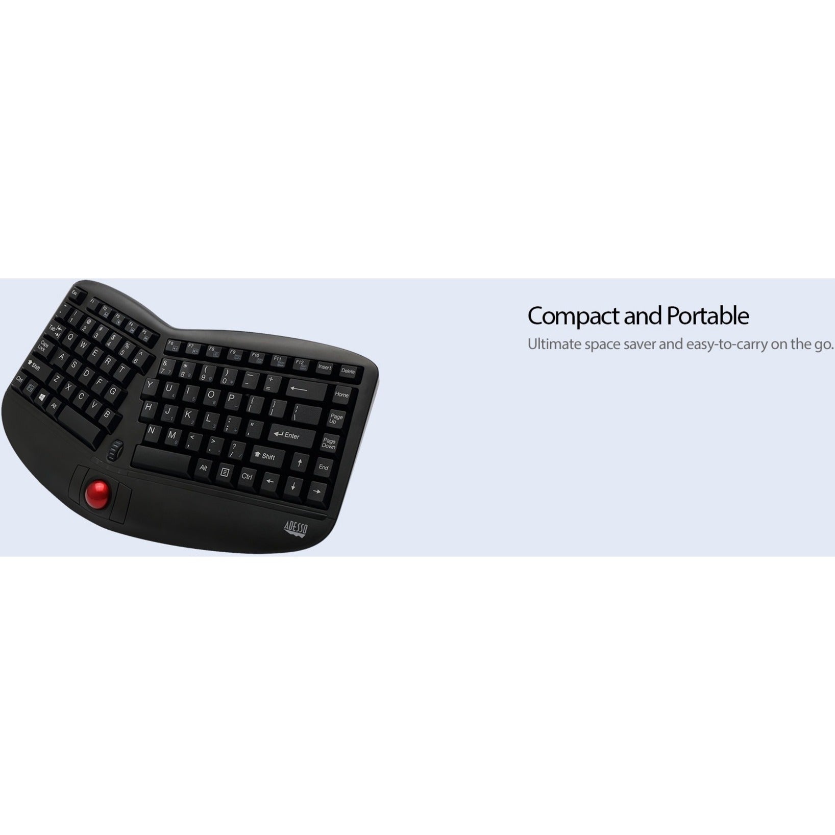 Adesso WKB-3150UB Tru-Form Media 3150 Wireless Ergo Trackball Keyboard, 2.4 GHz, Split Layout, Palm Rest