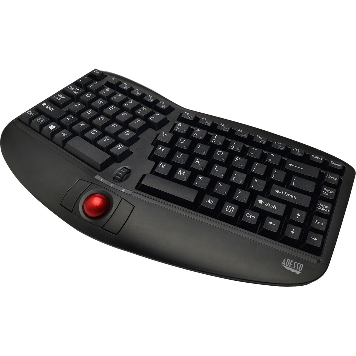 Adesso WKB-3150UB Tru-Form Media 3150 Wireless Ergo Trackball Keyboard, 2.4 GHz, Split Layout, Palm Rest