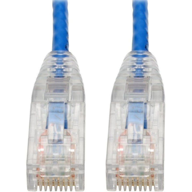 Close-up view of transparent RJ45 connectors with gold-plated pins on Cat6 network cable