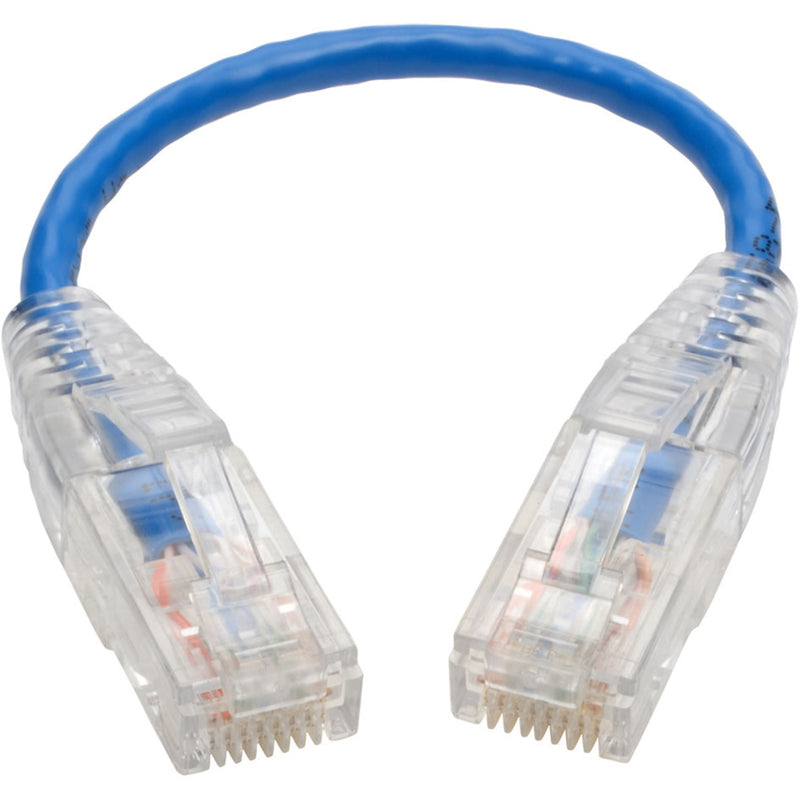 Side view of slim blue Cat6 cable with clear snagless RJ45 connectors