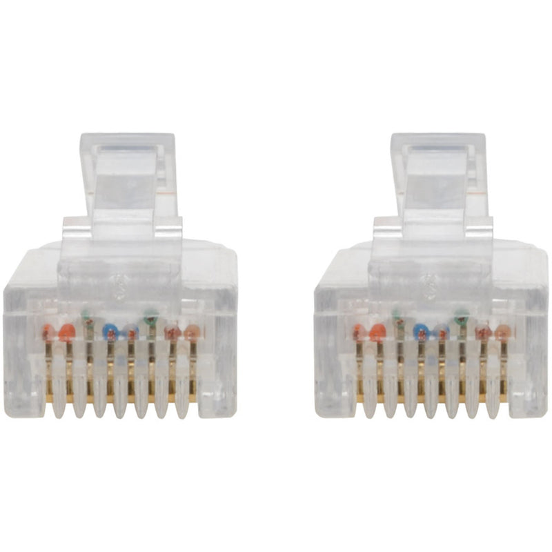 Detailed front view of RJ45 connector pins and internal wiring