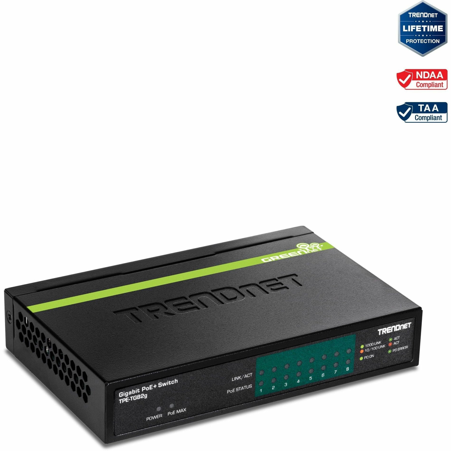 Front view of TRENDnet TPE-TG82g 8-Port Gigabit PoE+ Switch showing LED indicators and ports-alternate-image1