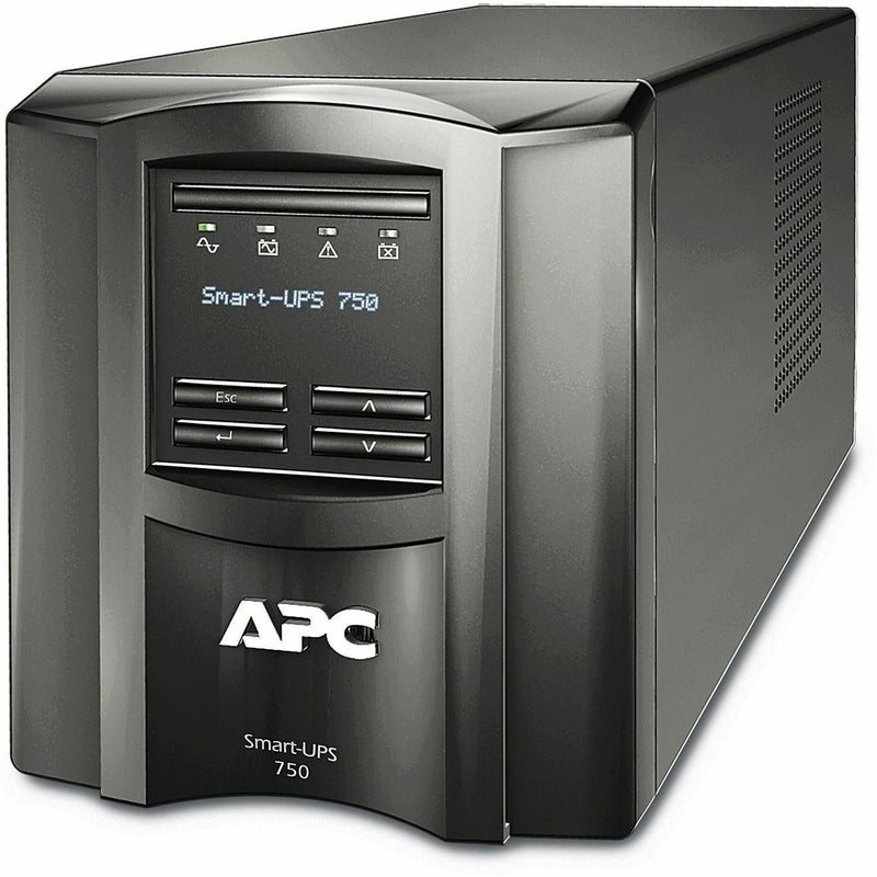 Front view of APC Smart-UPS 750VA showing LCD display interface with status indicators and navigation buttons