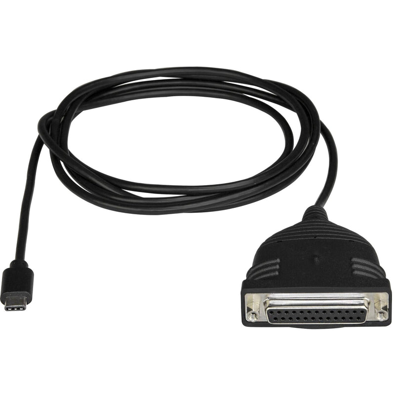 StarTech.com USB-C to DB25 parallel printer cable adapter showing full cable length with connectors