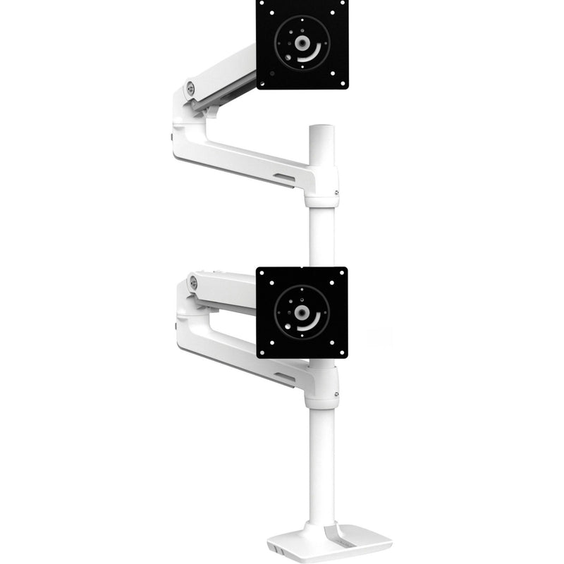 Ergotron LX Dual Stacking Monitor Arm in white featuring vertical mounting configuration with two articulating arms and VESA mount plates