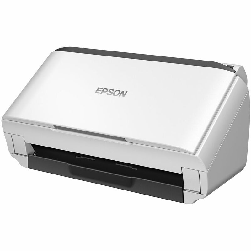 Angled view of Epson DS-410 showing ergonomic design and paper handling