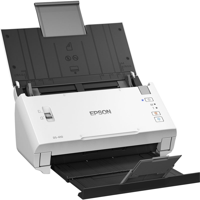 Side angle view of Epson DS-410 showing paper path and extended document tray