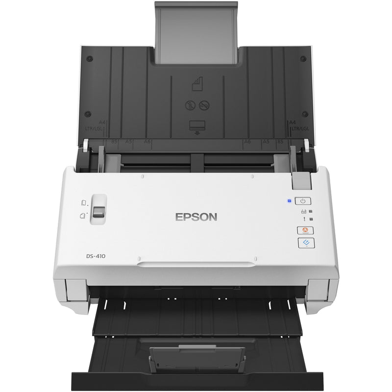 Front view of Epson DS-410 document scanner showing 50-sheet ADF and control panel interface