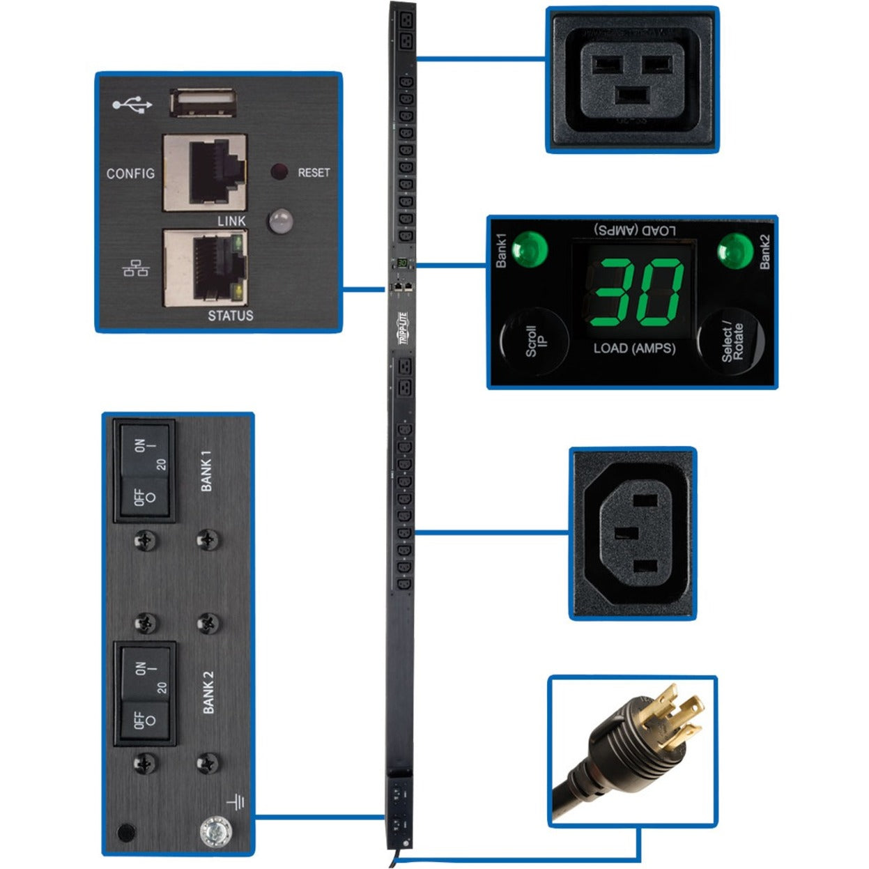 Detailed view of PDU control interface showing network ports, digital display, and control switches-alternate-image1