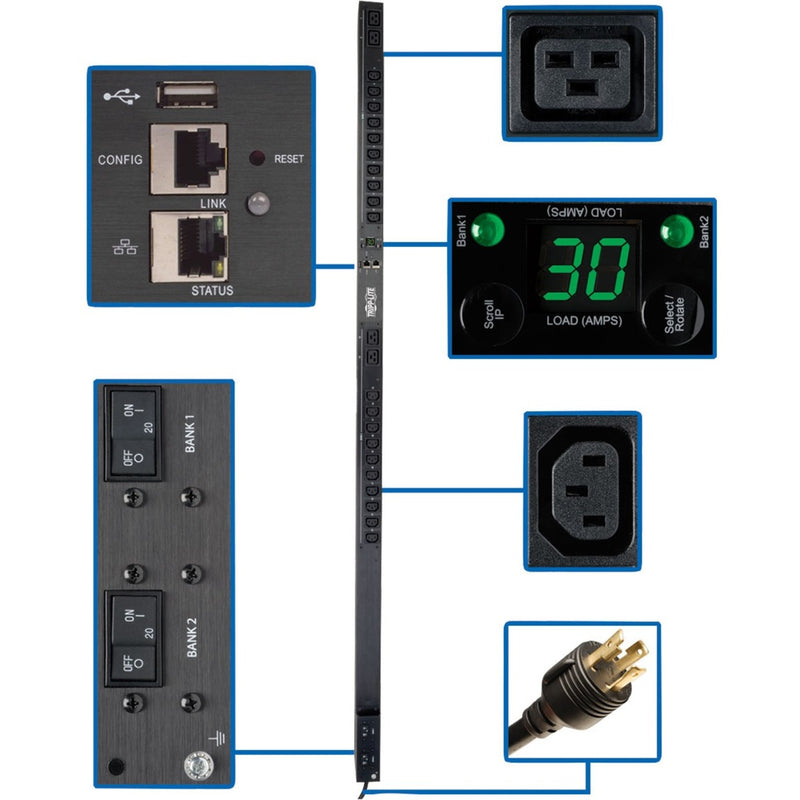 Detailed view of PDU control interface showing network ports, digital display, and control switches