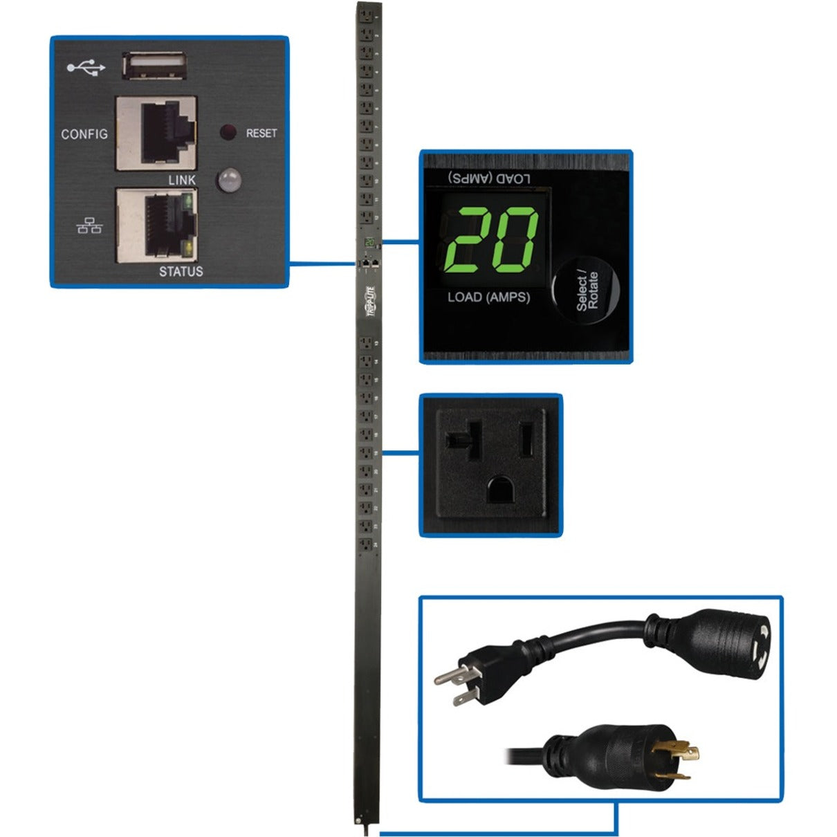 Network interface panel of PDU showing dual ethernet ports, USB configuration port, and digital load display-alternate-image1