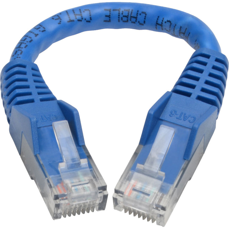 Curved view of Cat6 network cable showing flexibility and snagless connector boots