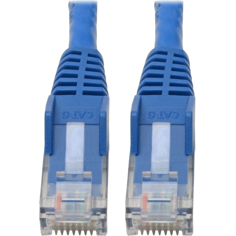 Close-up view of blue Cat6 cable RJ45 connectors with gold-plated contacts and snagless boots