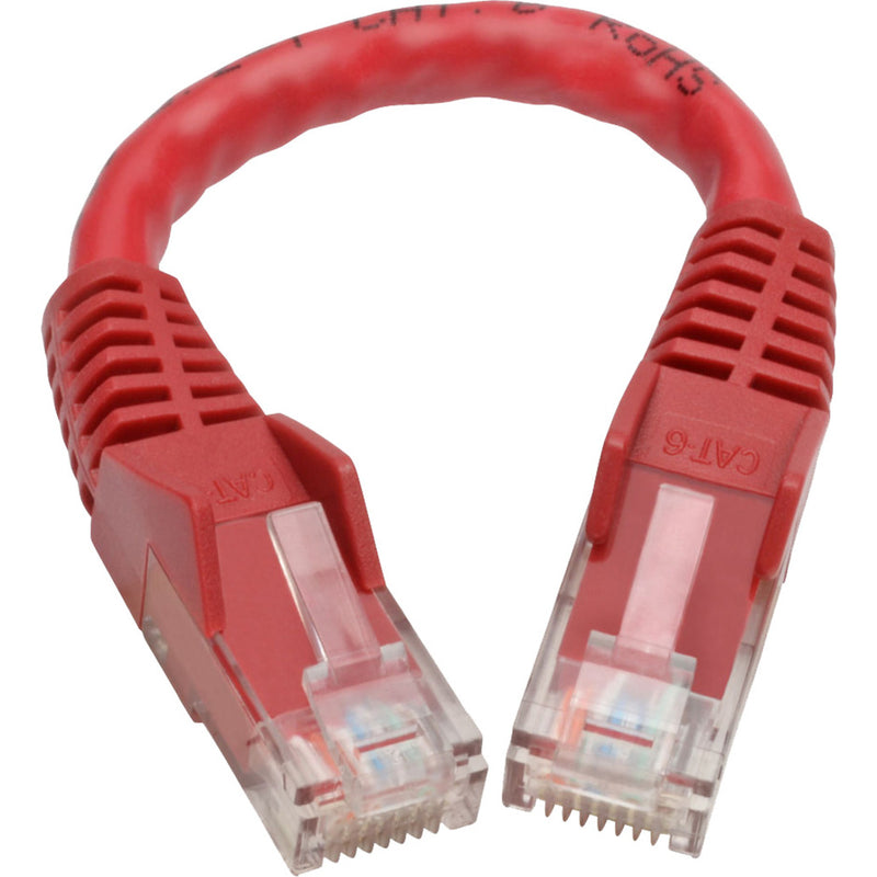 Red Cat6 patch cable showing flexibility and bend radius capabilities