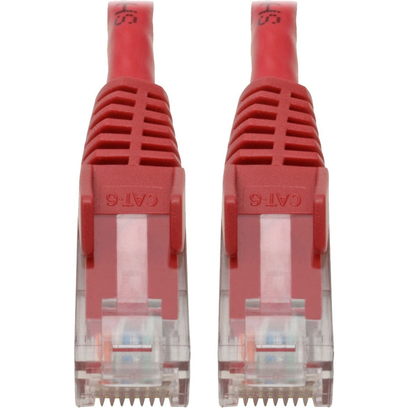 Close-up view of red Cat6 cable RJ45 connectors with gold contacts and snagless boots