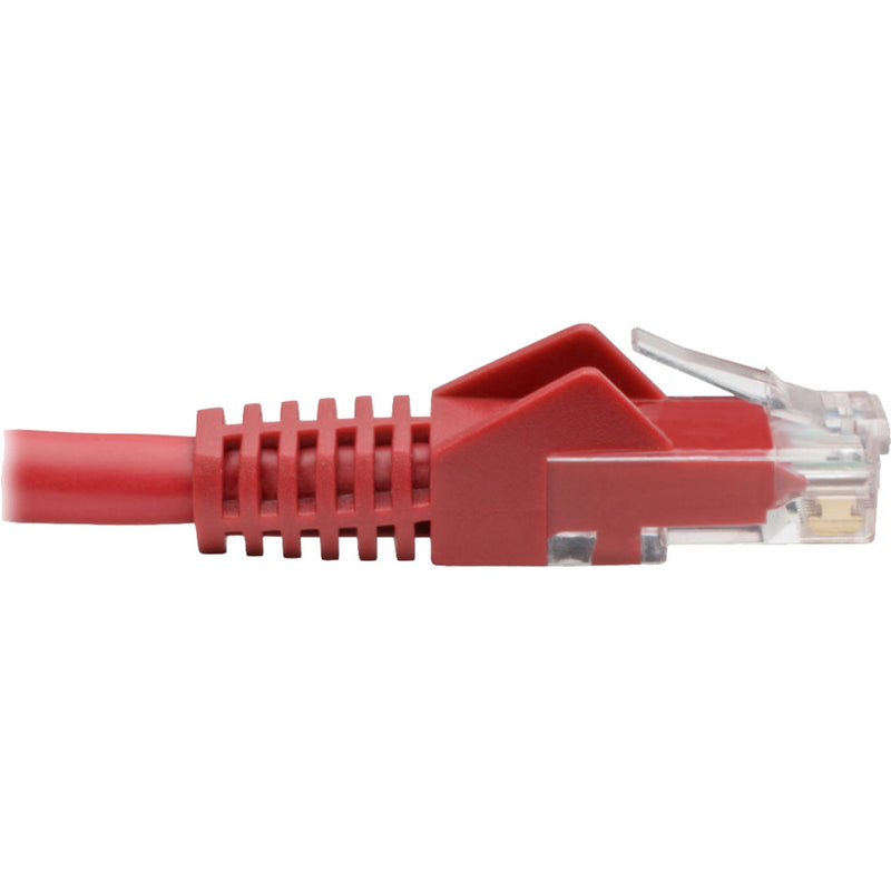 Side profile of red Cat6 cable showing strain relief boot design