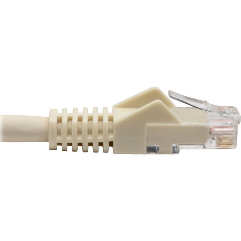 Side profile of white Cat6 cable showing strain relief boot design