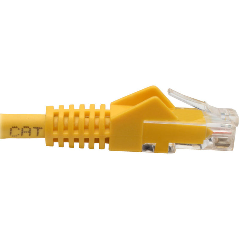 Side view of yellow Cat6 cable strain relief boot and connector