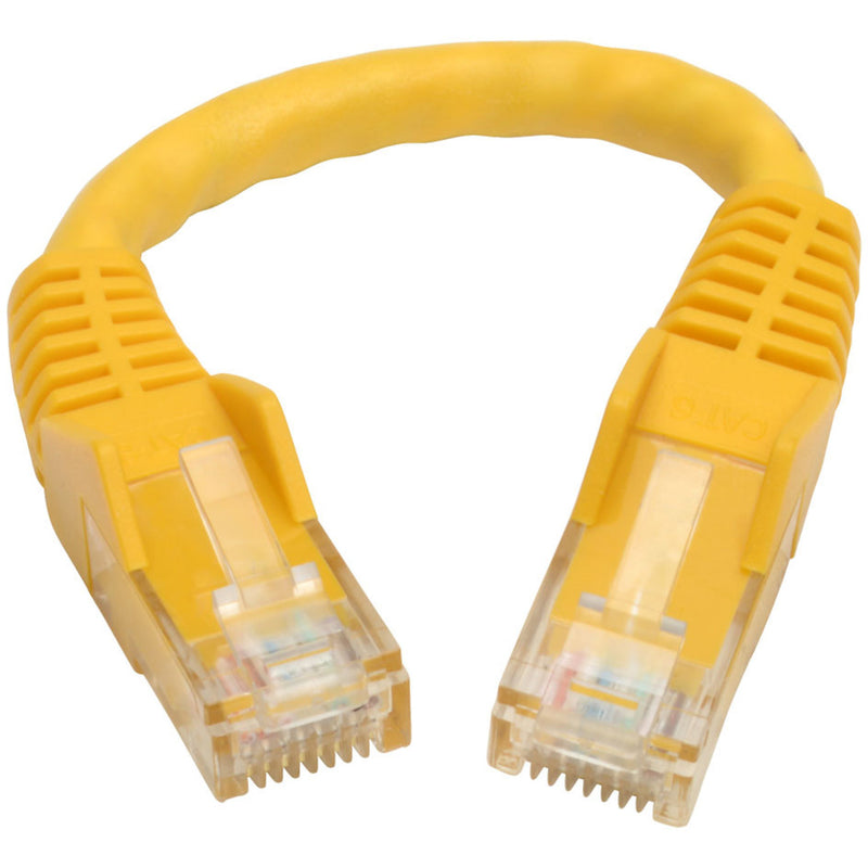 Yellow Cat6 patch cable showing flexible cable design and snagless strain relief boots